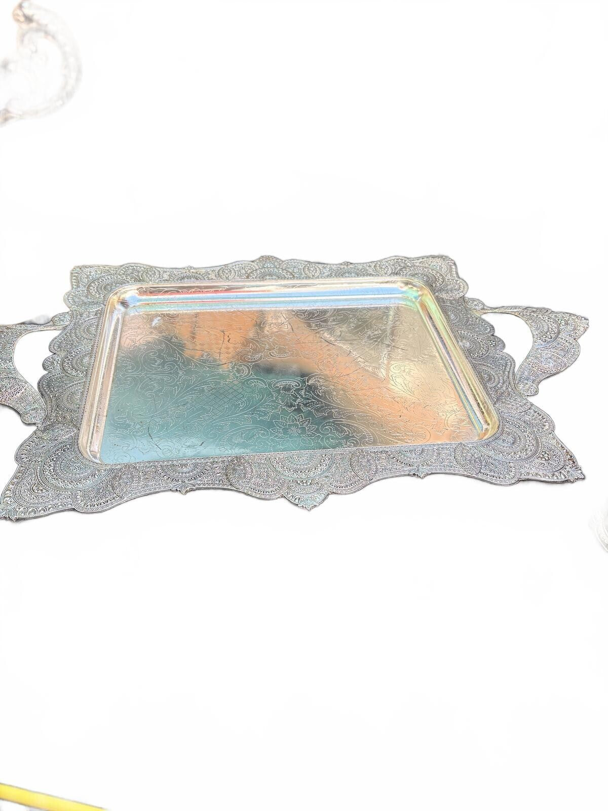 Ornate Silver Plate Footed Serving Tray, Pierced Scalloped Border
