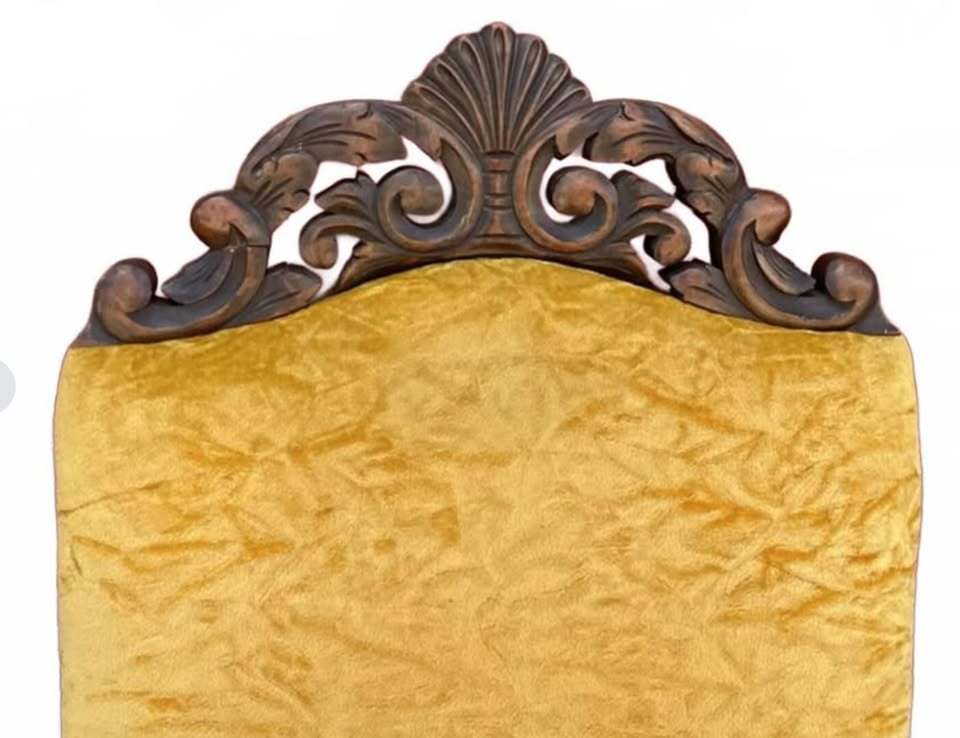 Vintage Upholstered Armchair with Carved Wood Frame and Yellow Velvet Fabric