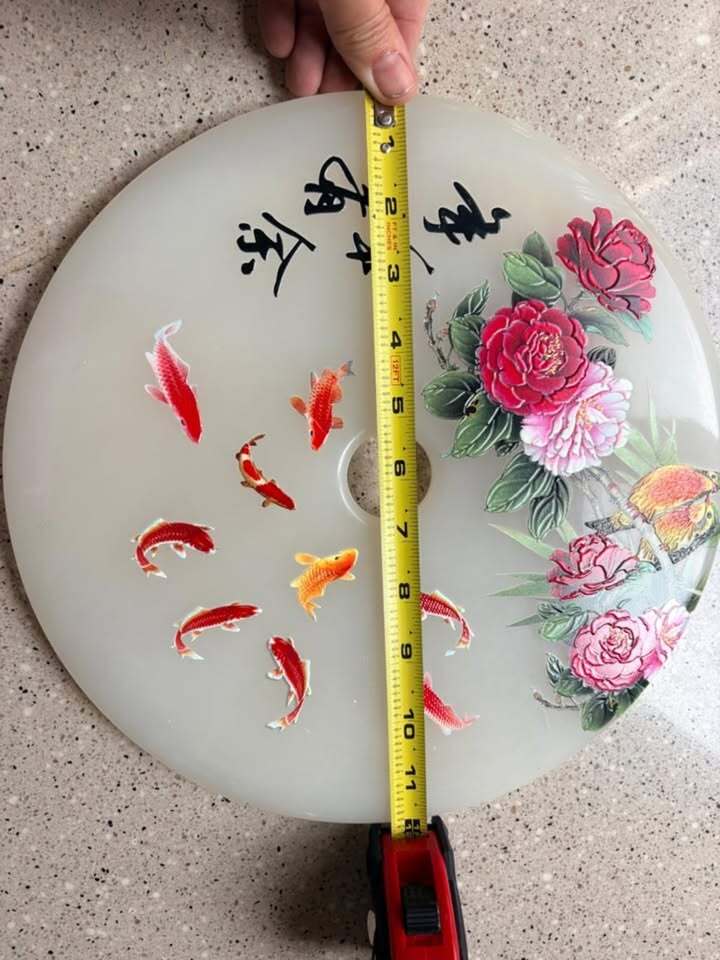 Hand-Painted Decorative Jade Disc with Koi Fish and Floral Motif