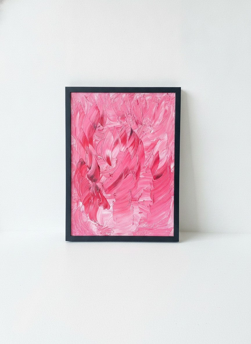 Original Signed Abstract Pink Palette Knife Painting with Black Frame, Hollywood