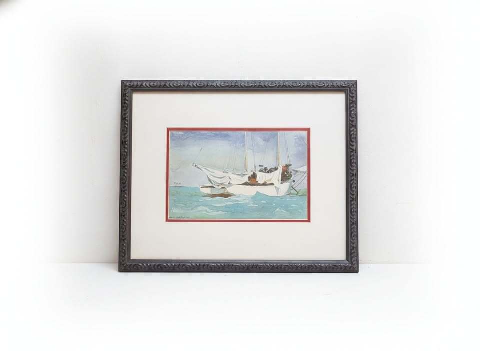Vintage Signed Watercolor Sailboat Painting in Ornate Dark Wood Frame