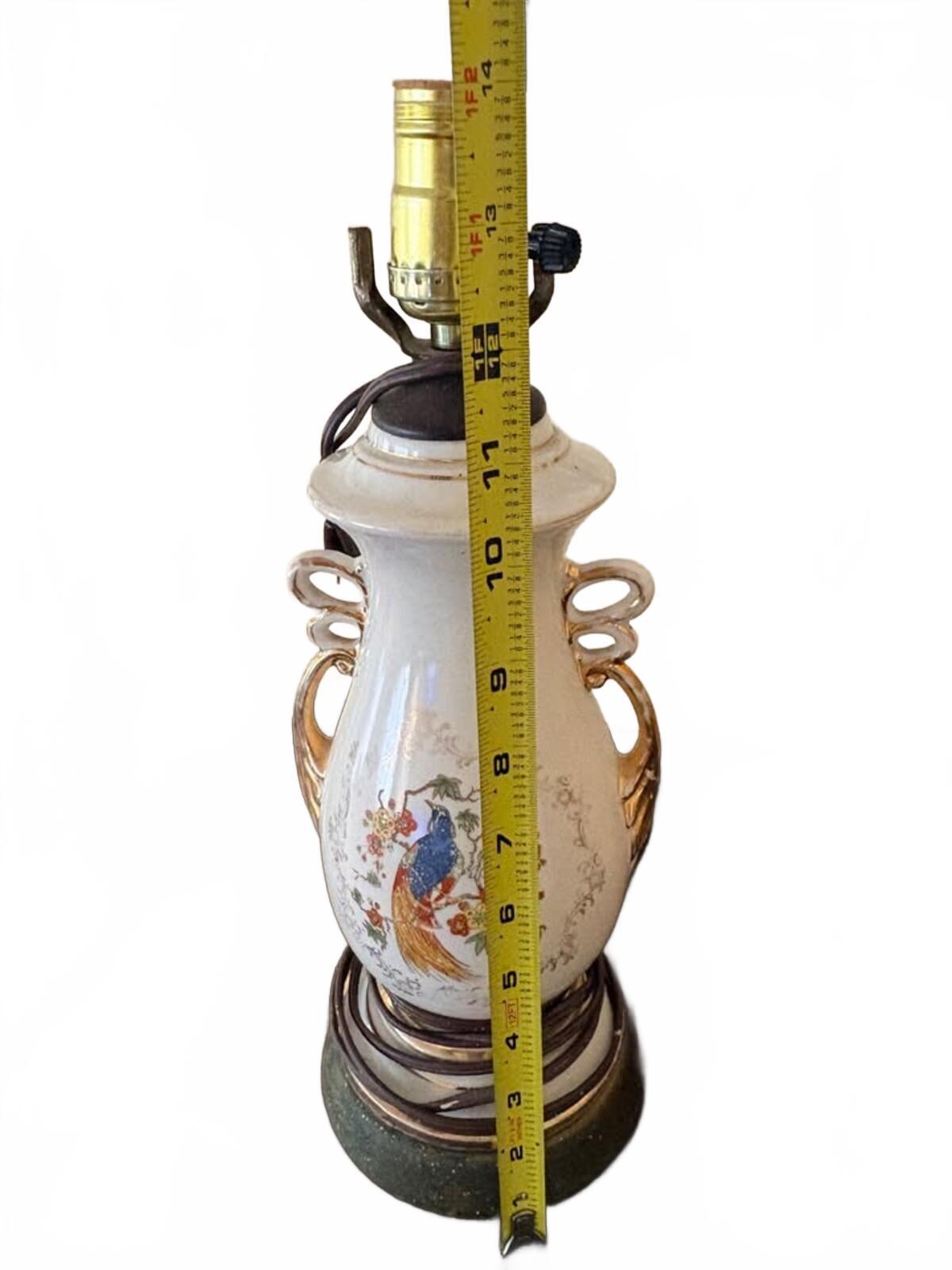 Vintage Ceramic Table Lamp with Hand-Painted Peacock Motif and Gold Accents