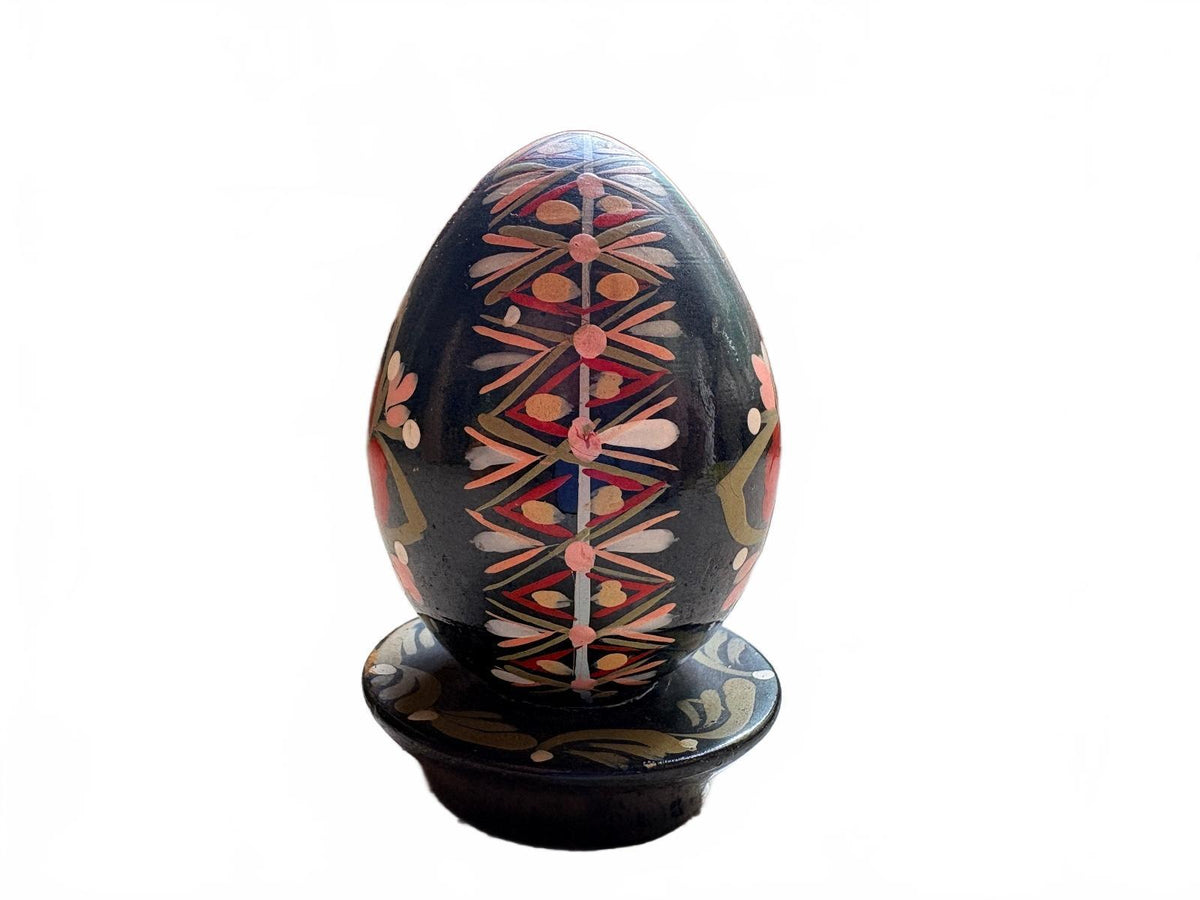 Vintage Hand-Painted Wooden Black Egg with Floral Motif and Stand