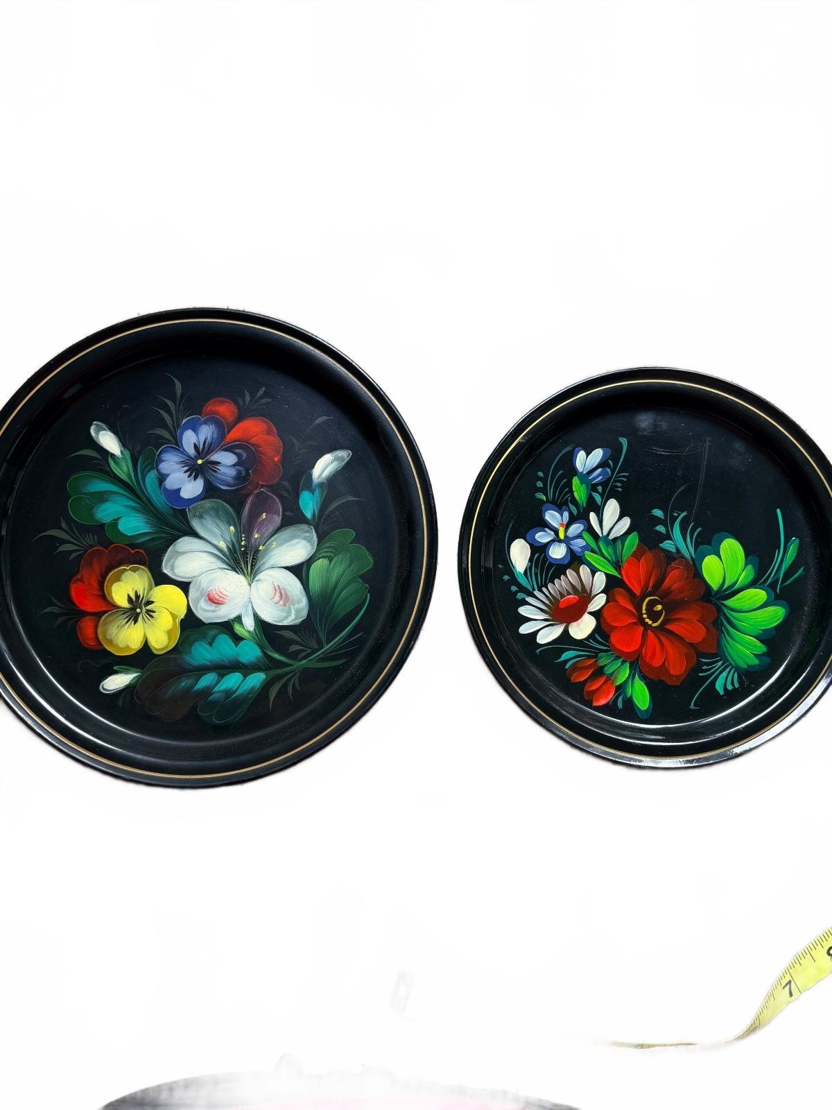 Vintage Hand-Painted Floral Decorative Metal Trays Set of 2