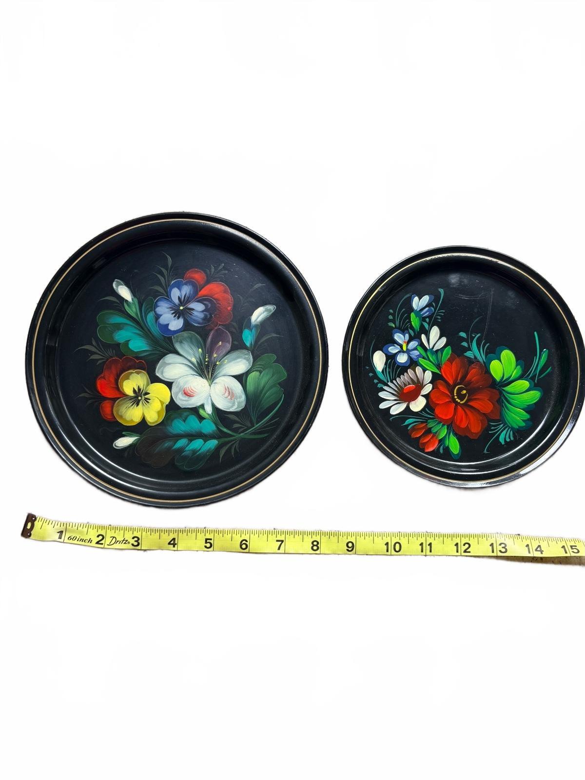 Vintage Hand-Painted Floral Decorative Metal Trays Set of 2