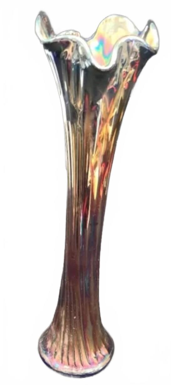 Vintage Tall Iridescent Carnival Glass Vase with Fluted Rim