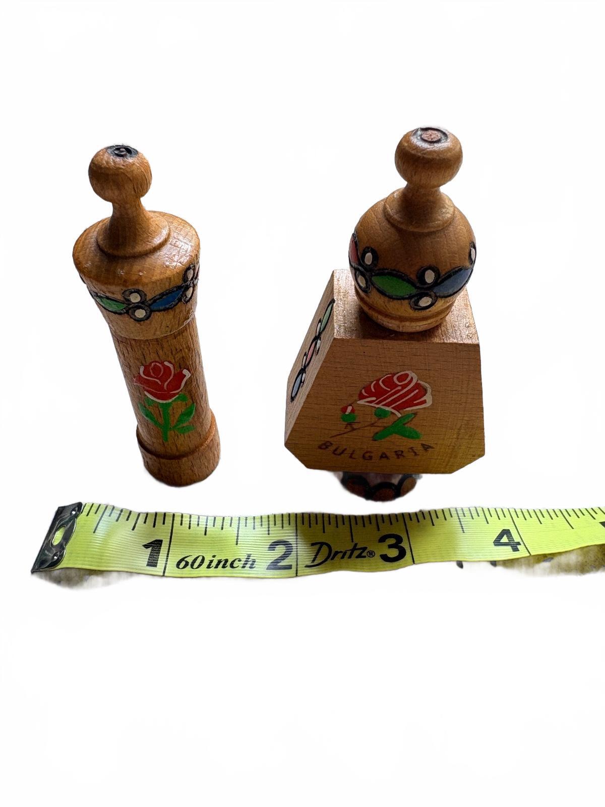 Vintage Bulgarian Wooden Perfume Bottles with Hand-Painted Rose and Folk Motifs