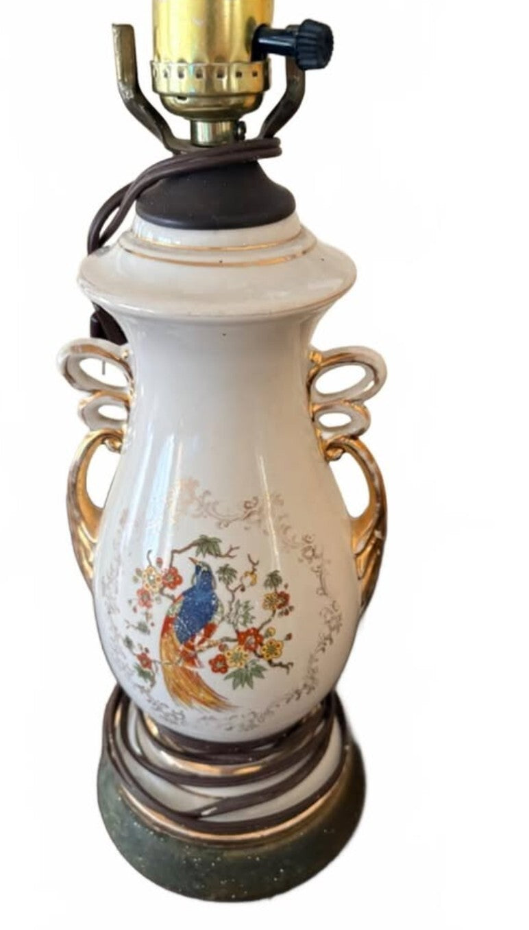 Vintage Ceramic Table Lamp with Hand-Painted Peacock Motif and Gold Accents