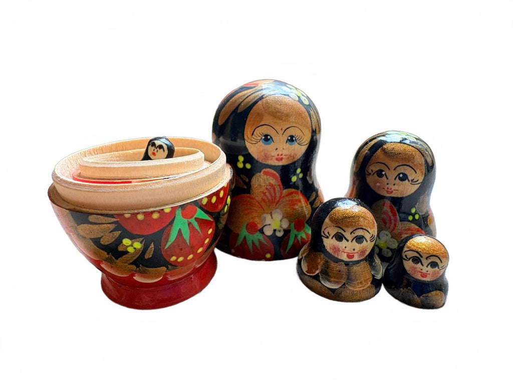 Vintage Russian Wooden Matryoshka Nesting Dolls Hand Painted Floral Set