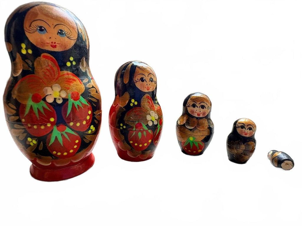 Vintage Russian Wooden Matryoshka Nesting Dolls Hand Painted Floral Set