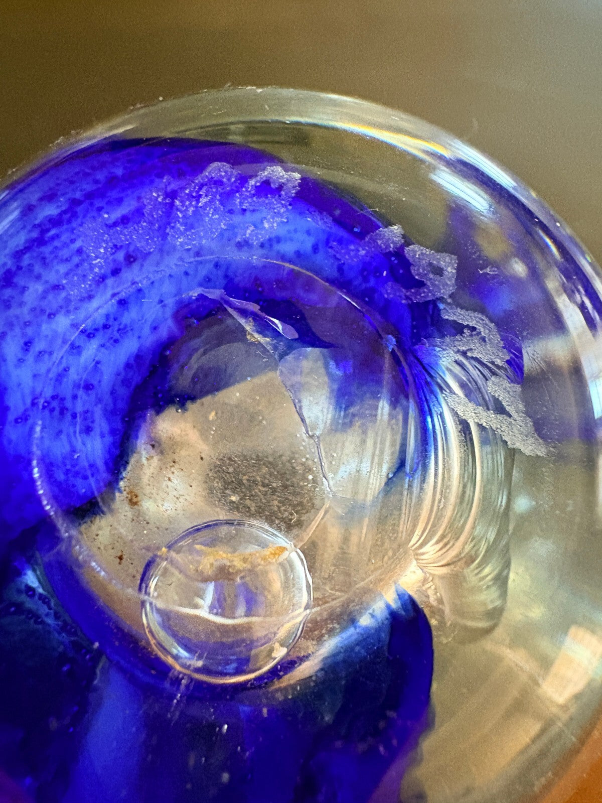 Original Signed 1977 Clear Murano-Style Glass Vase with Blue Floral Inclusions