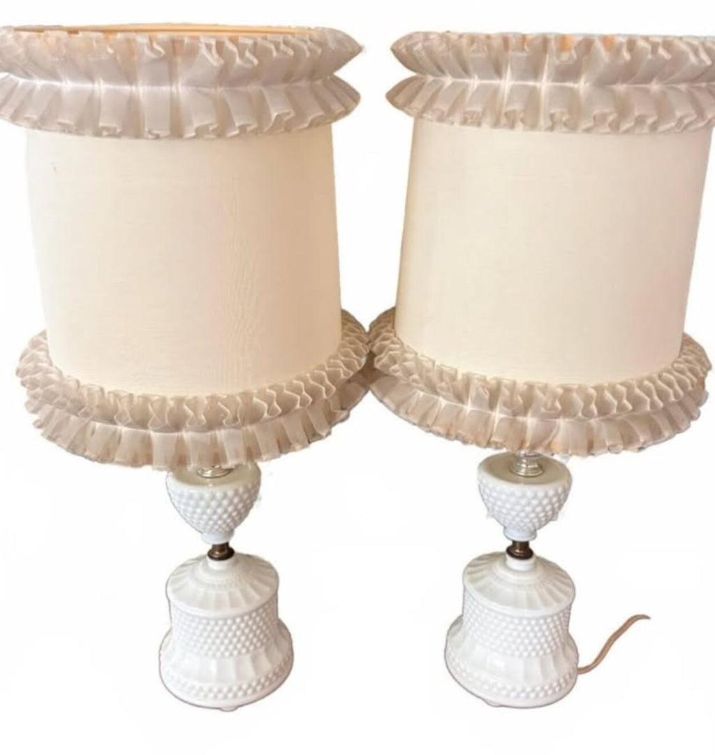 Mid Century Modern Milk Glass Table Lamps with Ruffled Silk Shades