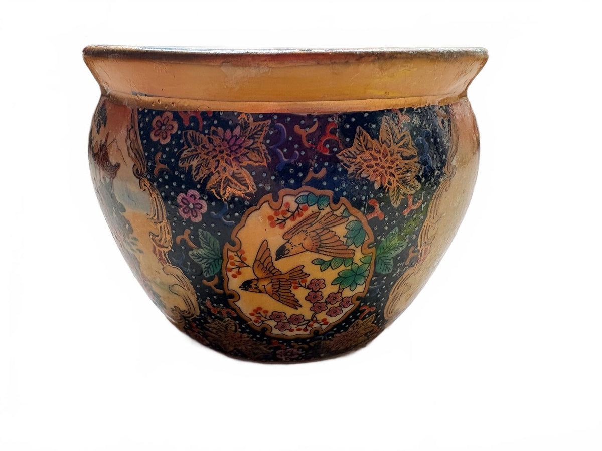 Vintage Japanese Satsuma Miniature Fishbowl Planter with Figural Scene