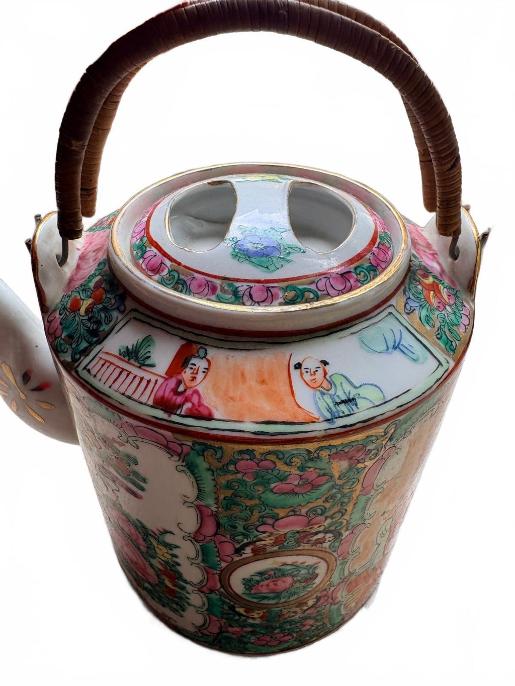 Vintage Chinese Porcelain Teapot with Hand-Painted Floral and Figure Motifs