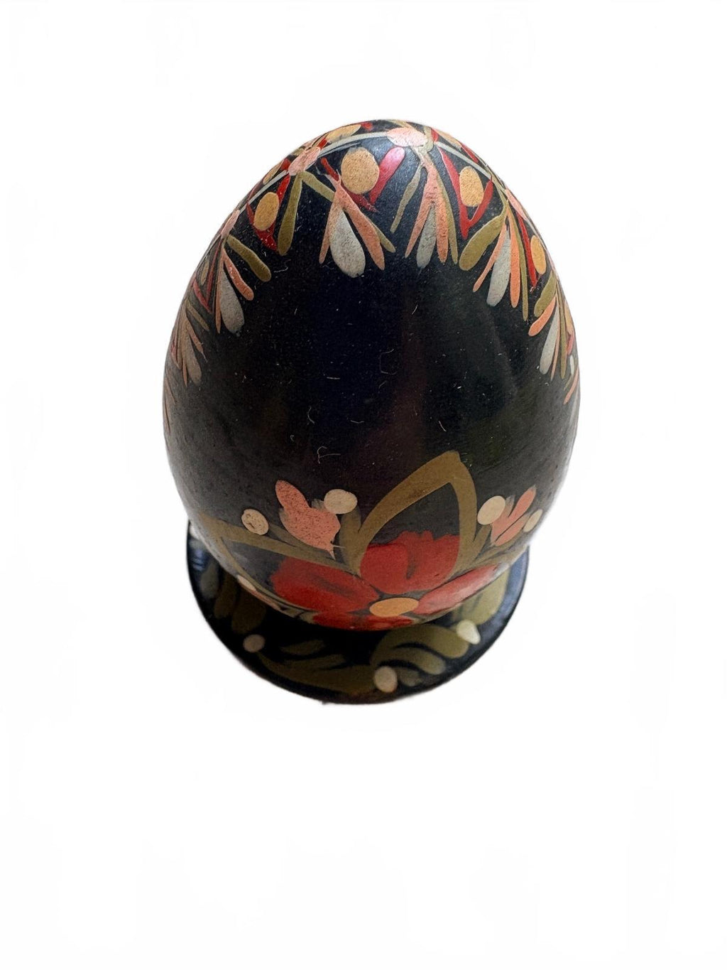 Vintage Hand-Painted Wooden Black Egg with Floral Motif and Stand
