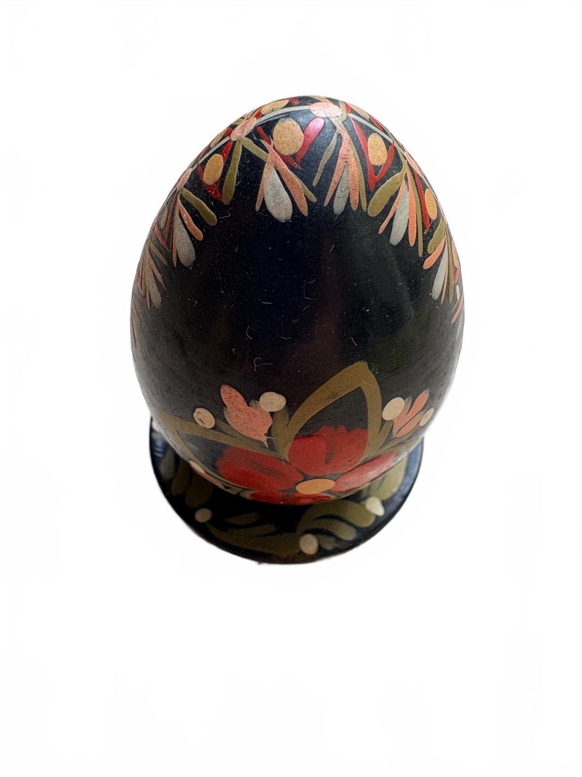 Vintage Hand-Painted Wooden Black Egg with Floral Motif and Stand
