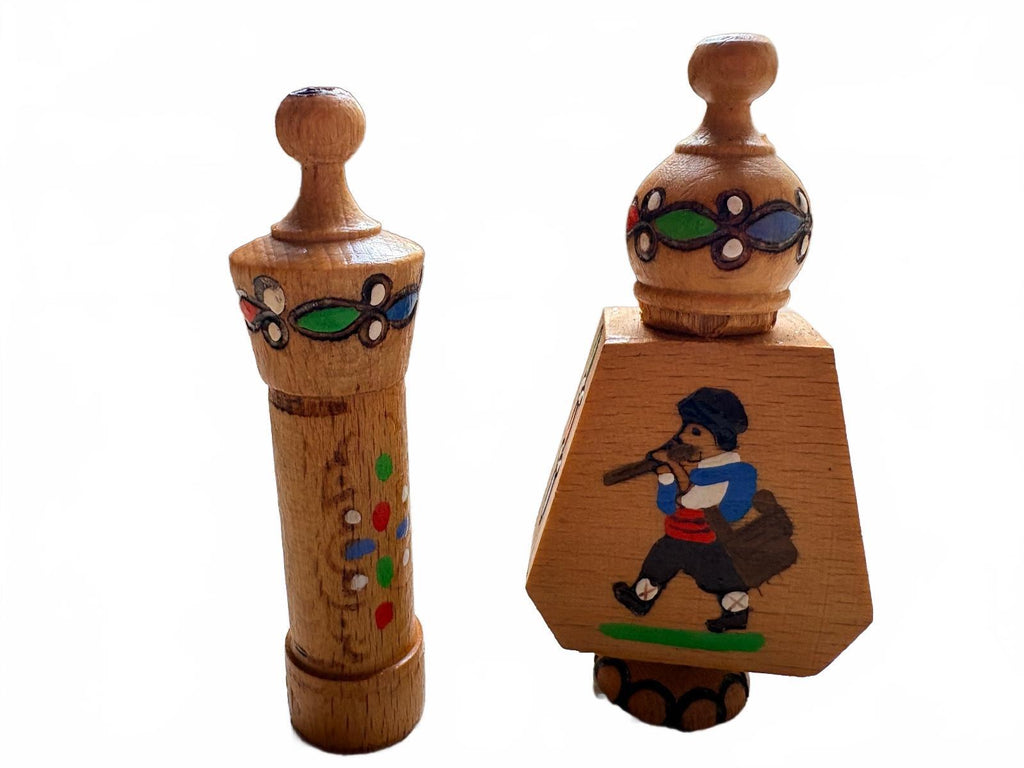 Vintage Bulgarian Wooden Perfume Bottles with Hand-Painted Rose and Folk Motifs