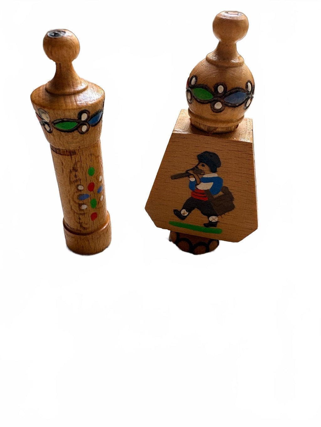 Vintage Bulgarian Wooden Perfume Bottles with Hand-Painted Rose and Folk Motifs