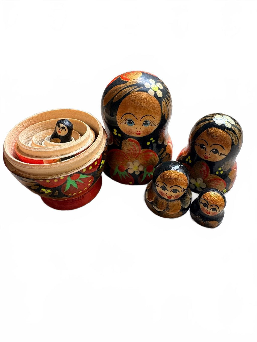 Vintage Russian Wooden Matryoshka Nesting Dolls Hand Painted Floral Set