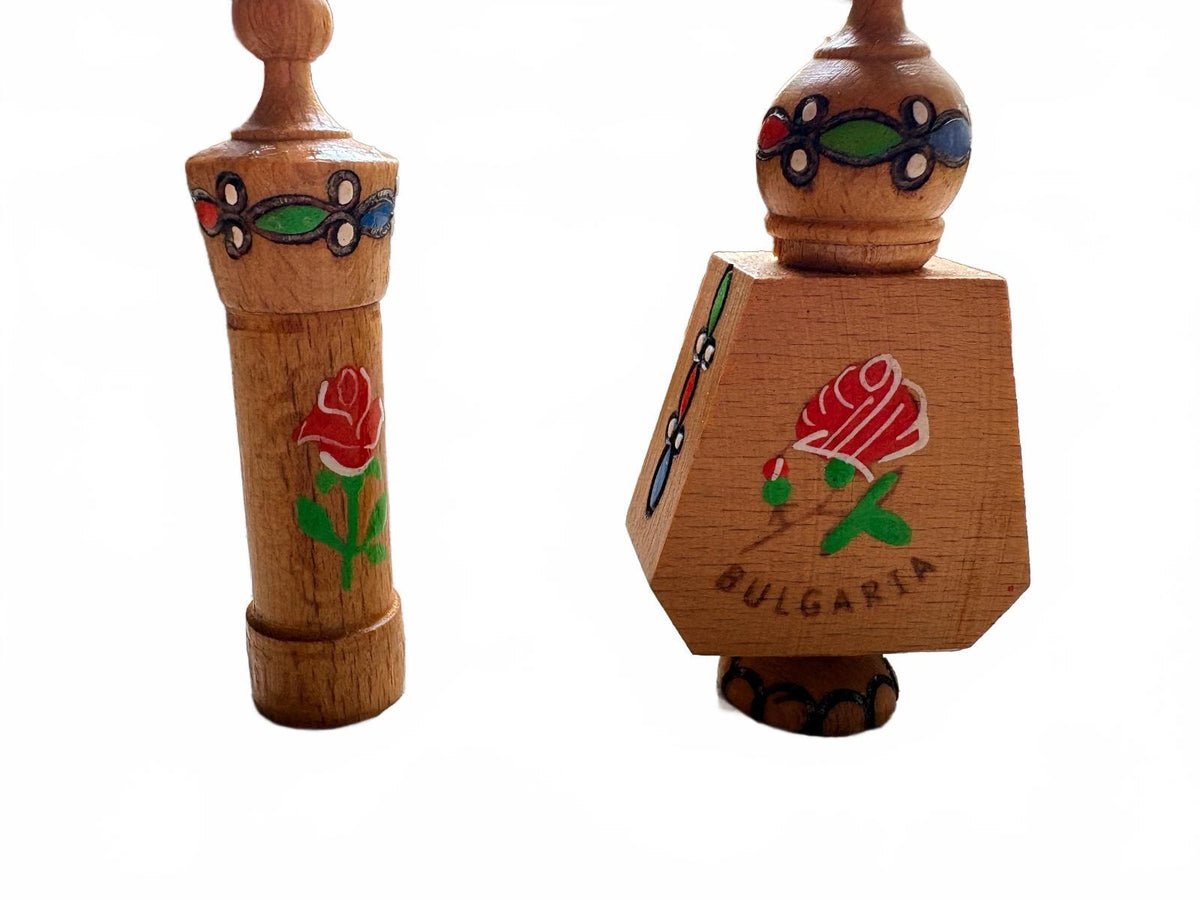 Vintage Bulgarian Wooden Perfume Bottles with Hand-Painted Rose and Folk Motifs
