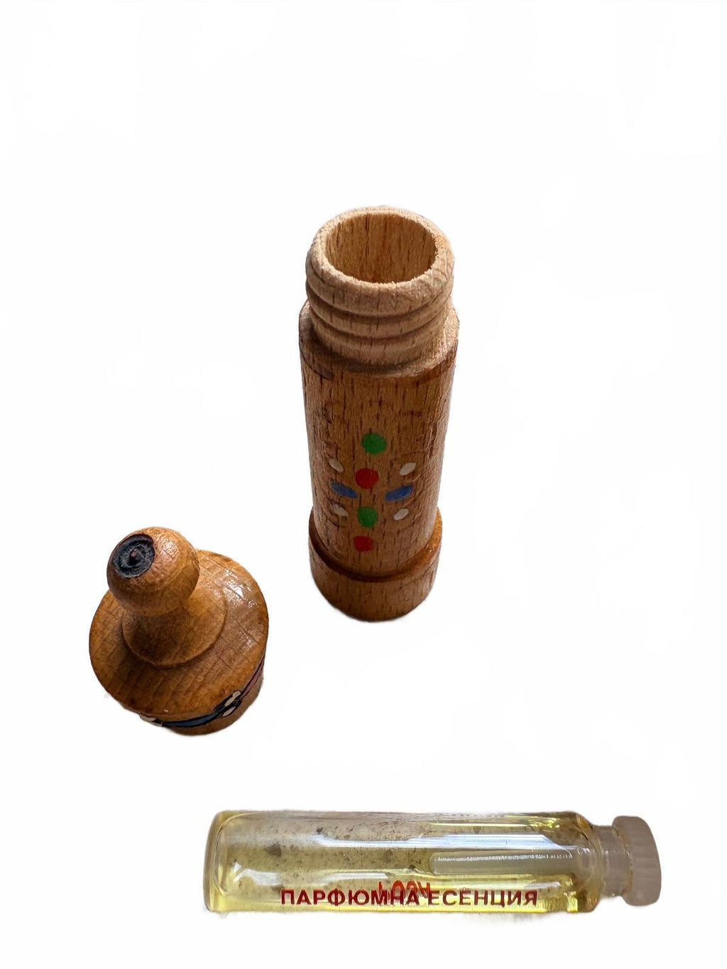 Vintage Bulgarian Wooden Perfume Bottles with Hand-Painted Rose and Folk Motifs