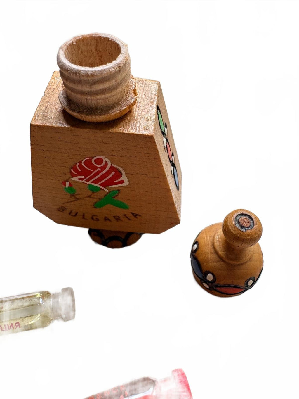 Vintage Bulgarian Wooden Perfume Bottles with Hand-Painted Rose and Folk Motifs
