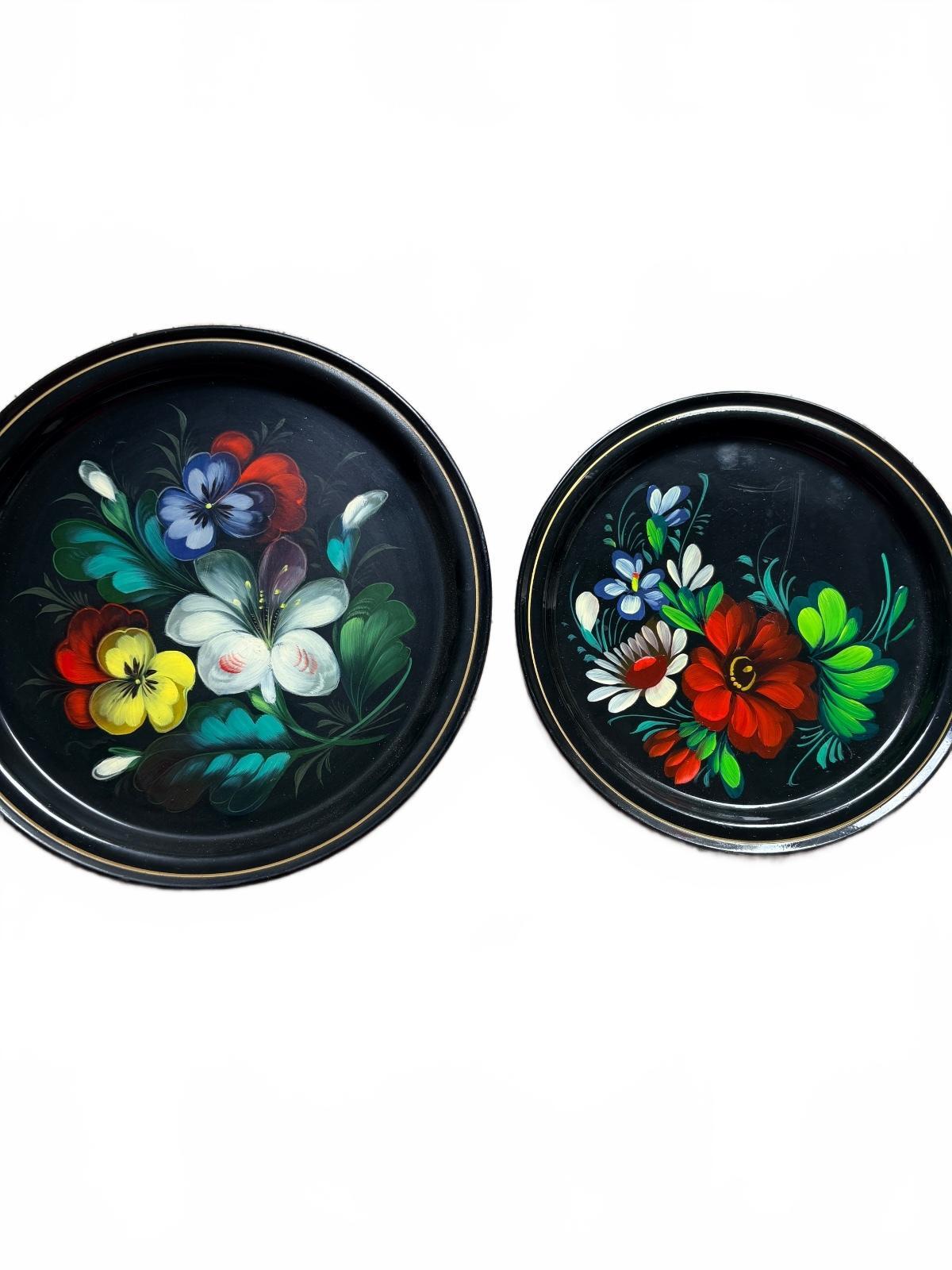Vintage Hand-Painted Floral Decorative Metal Trays Set of 2