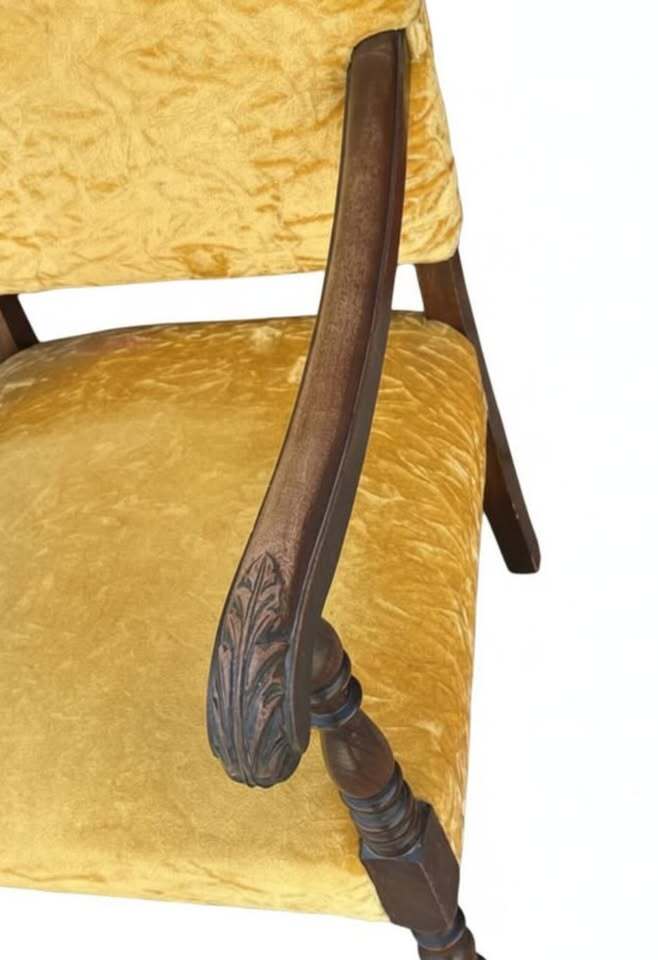 Vintage Upholstered Armchair with Carved Wood Frame and Yellow Velvet Fabric