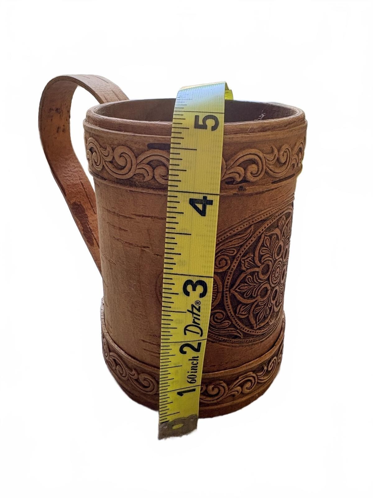 Handcrafted Russian Birch Bark Cup with Floral Carving