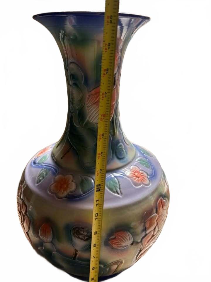 Vintage Ceramic Floral Vase with Blue and Orange Glaze