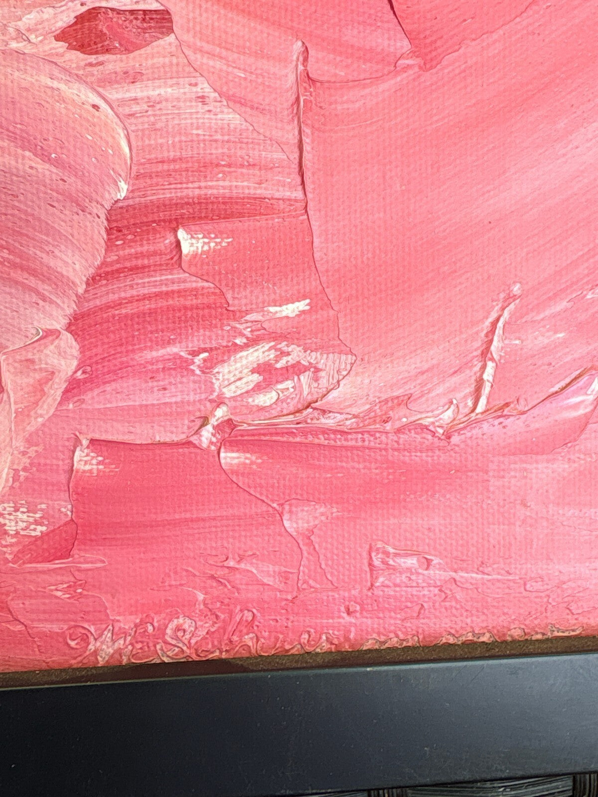 Original Signed Abstract Pink Palette Knife Painting with Black Frame, Hollywood