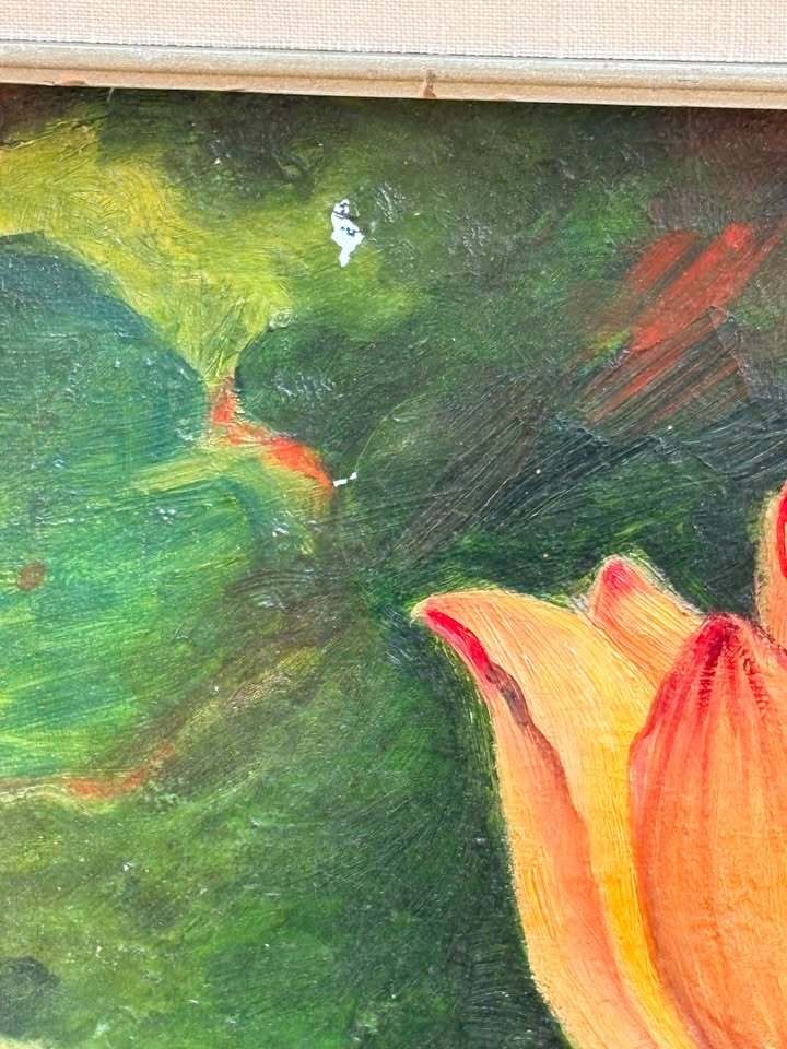 Vintage 11x14 Water Lily Floral Painting Framed Botanical Art