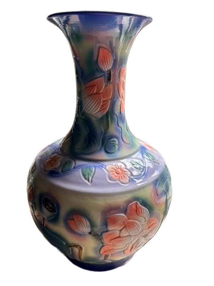 Vintage Ceramic Floral Vase with Blue and Orange Glaze