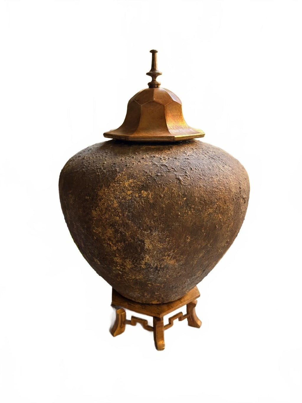 Rustic Asian-Inspired Bronze and Wood Lidded Jar with Stand