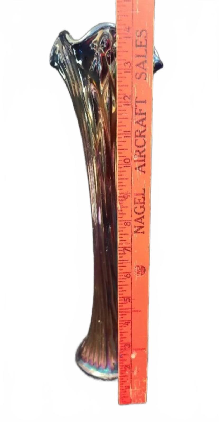Vintage Tall Iridescent Carnival Glass Vase with Fluted Rim