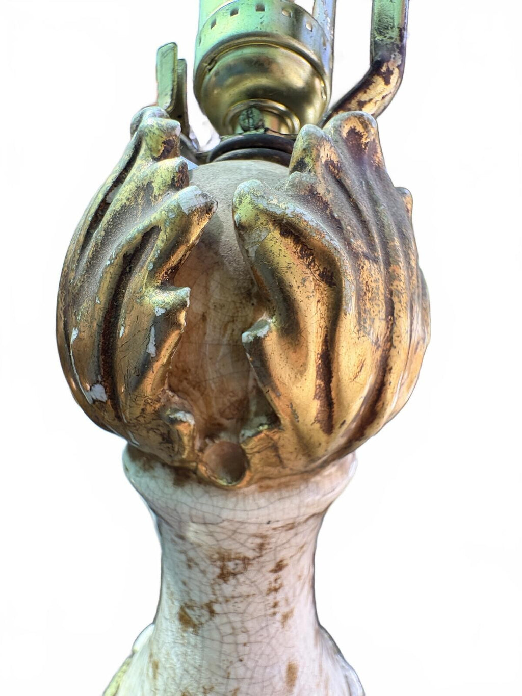Vintage Ceramic Table Lamp with Ornate Gold Leaf Detailing and Wooden Base