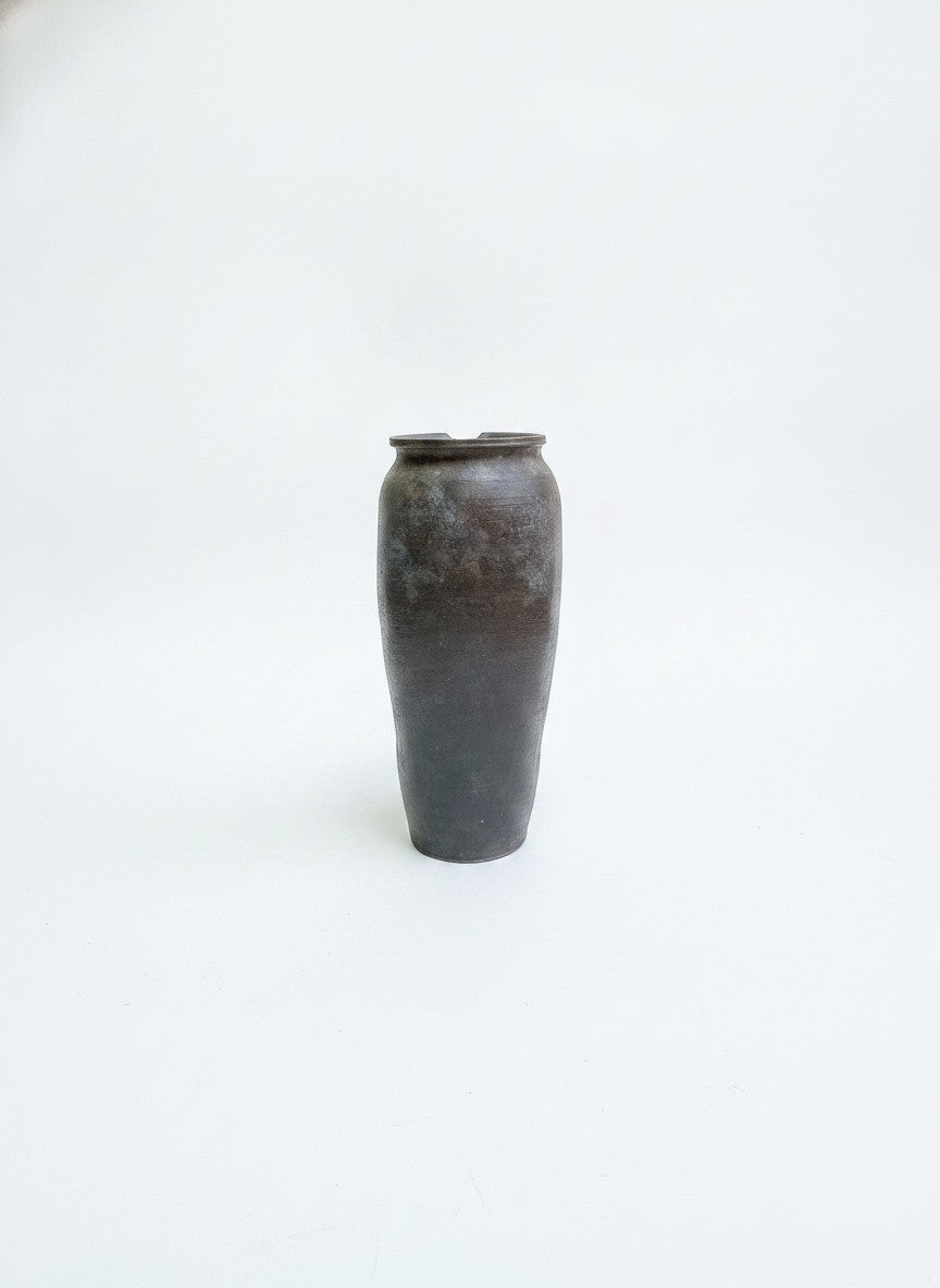 Antique Brown Stoneware Pottery Vase with Chipped Rim