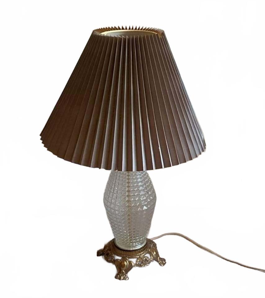 Vintage Glass Table Lamp with Pleated Taupe Shade and Ornate Brass Base