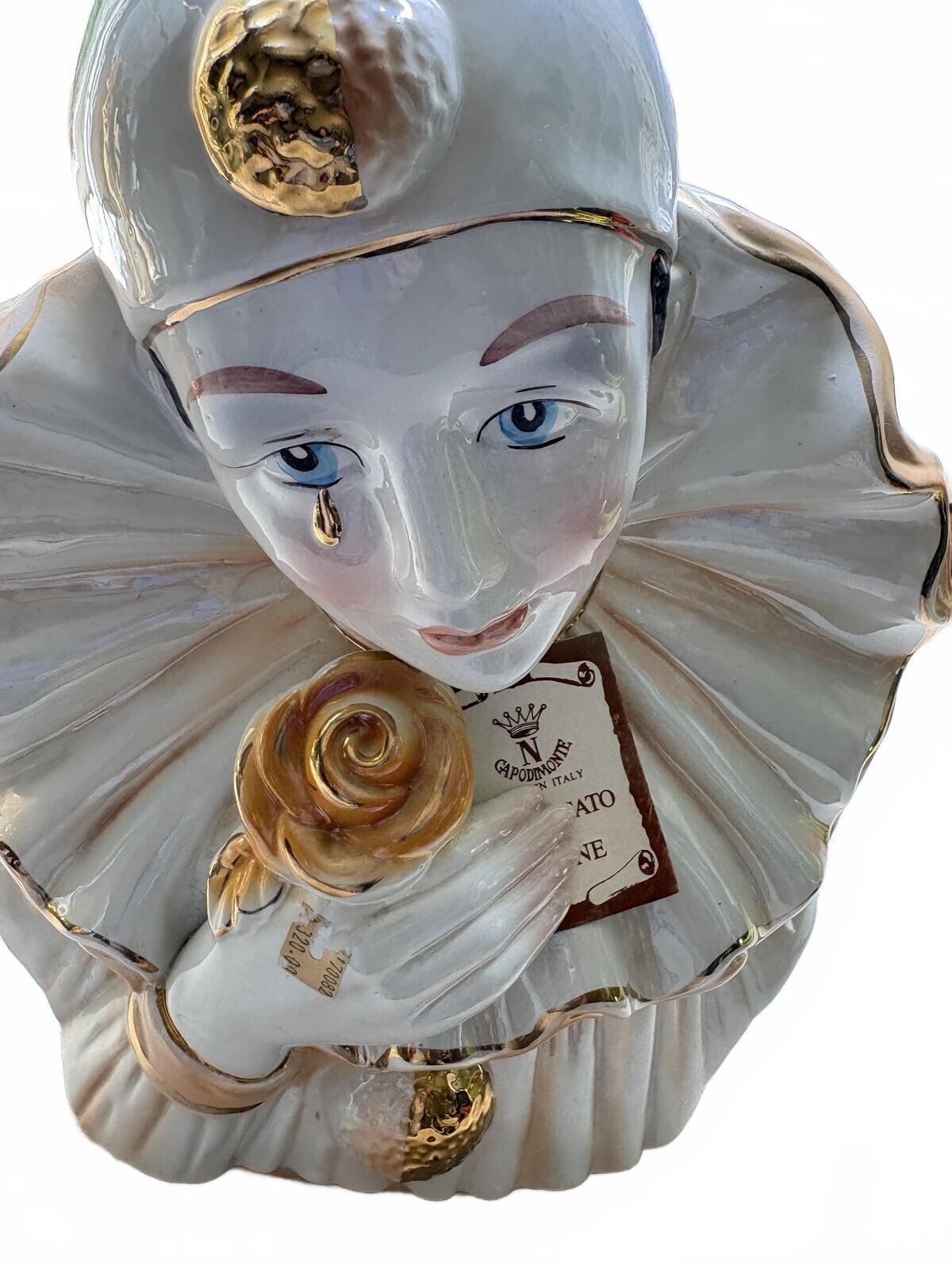 Authenticated 12in Vintage Capodimonte Porcelain Pierrot Bust with Gold Accents