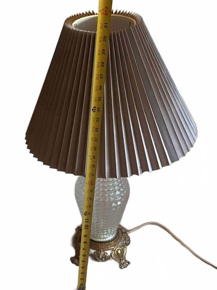 Vintage Glass Table Lamp with Pleated Taupe Shade and Ornate Brass Base