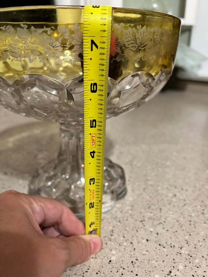Clear Crystal Vintage Glass Pedestal Dish Yellow Rimmed Rare
