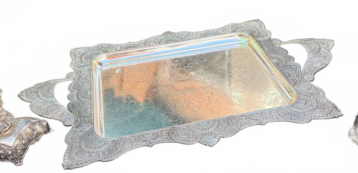 Ornate Silver Plate Footed Serving Tray, Pierced Scalloped Border