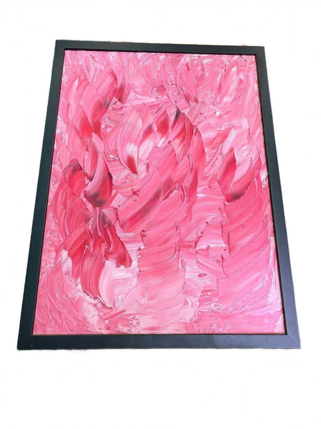 Original Signed Abstract Pink Palette Knife Painting with Black Frame, Hollywood