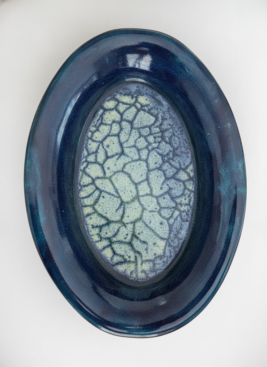 Vintage Ceramic Oval Serving Platter with Blue Crackle Glaze