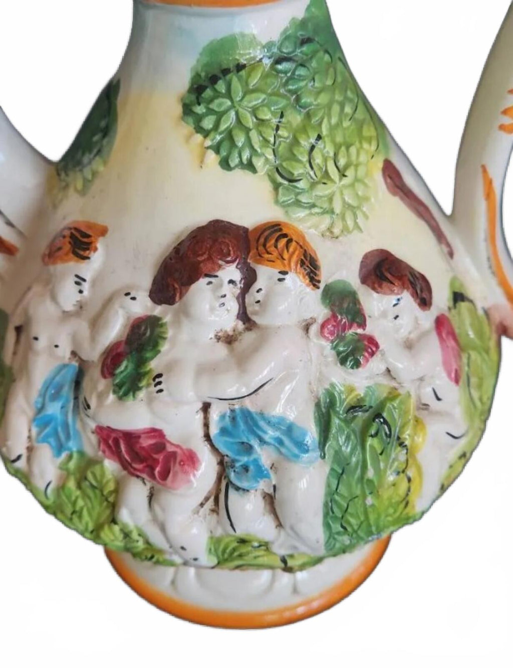 19" Vintage Capodimonte Italian Porcelain Ewer with Hand-Painted Cherubs Figures