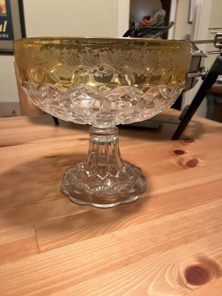 Clear Crystal Vintage Glass Pedestal Dish Yellow Rimmed Rare
