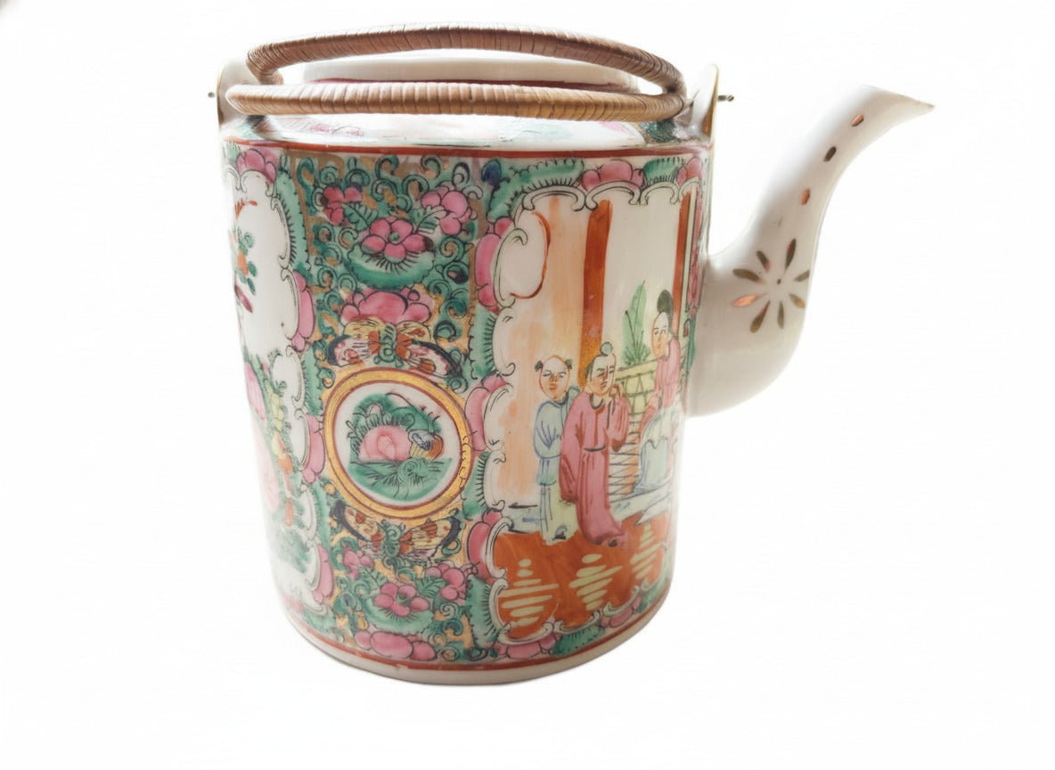 Vintage Chinese Porcelain Teapot with Hand-Painted Floral and Figure Motifs