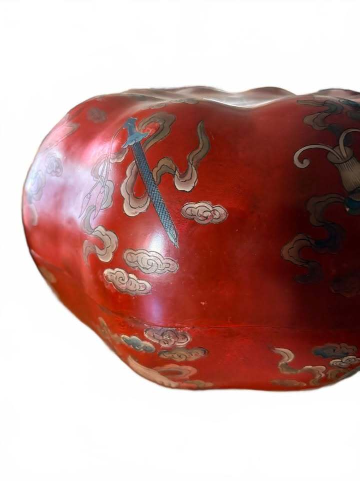 Vintage Asian Red Handpainted Lacquered Decorative Box with Cloud Symbol Motifs