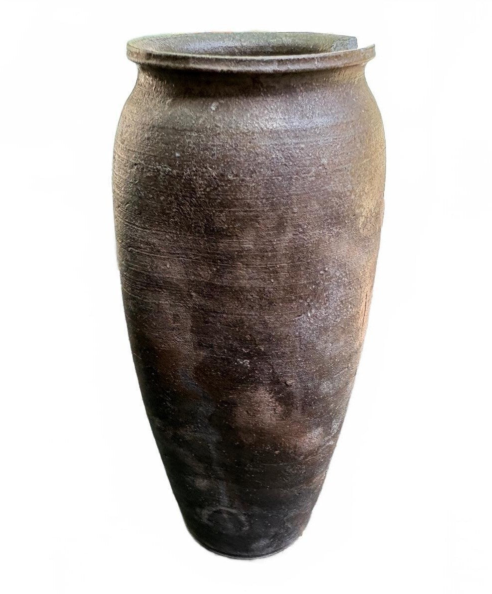 Antique Brown Stoneware Pottery Vase with Chipped Rim