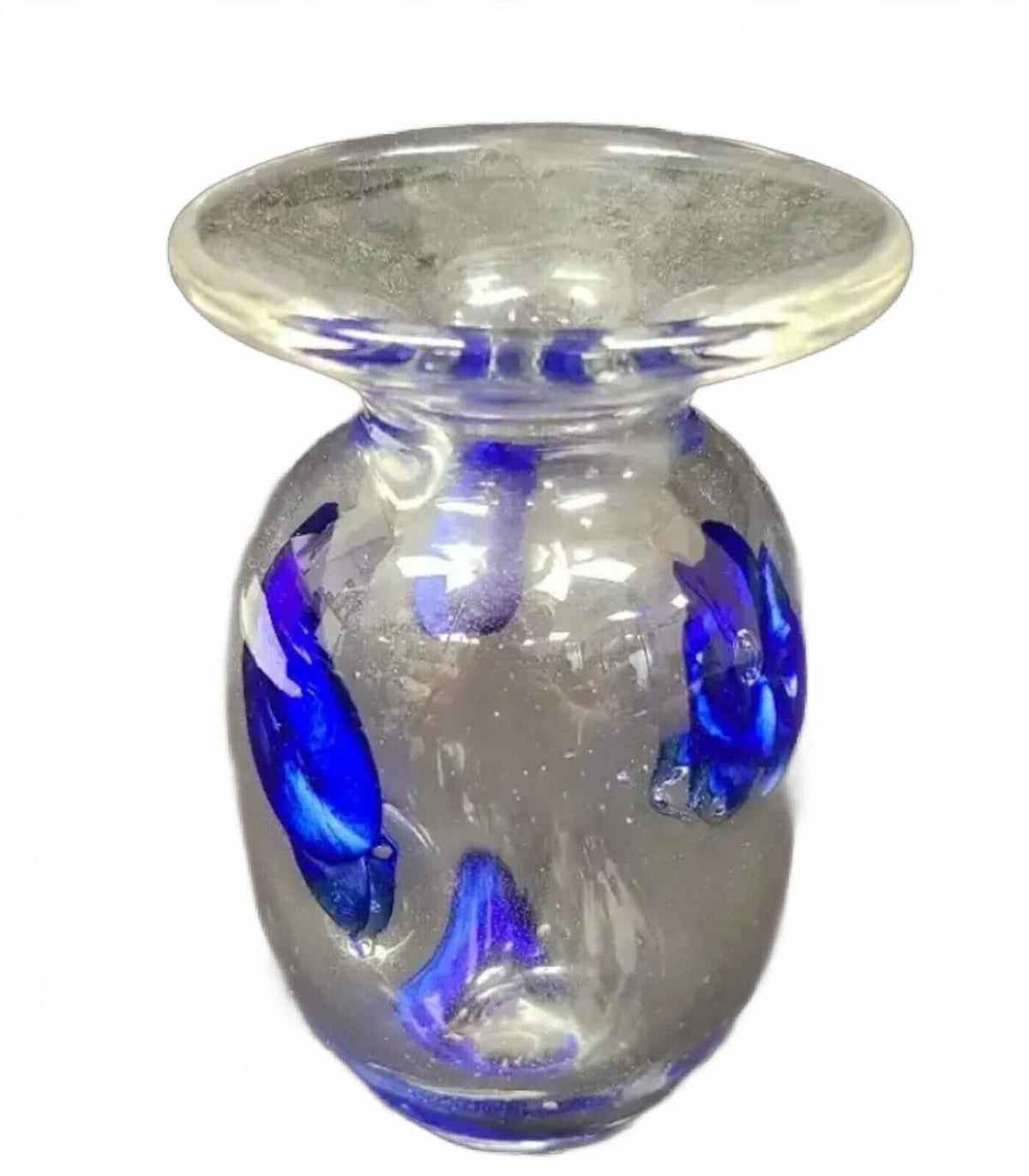 Original Signed 1977 Clear Murano-Style Glass Vase with Blue Floral Inclusions